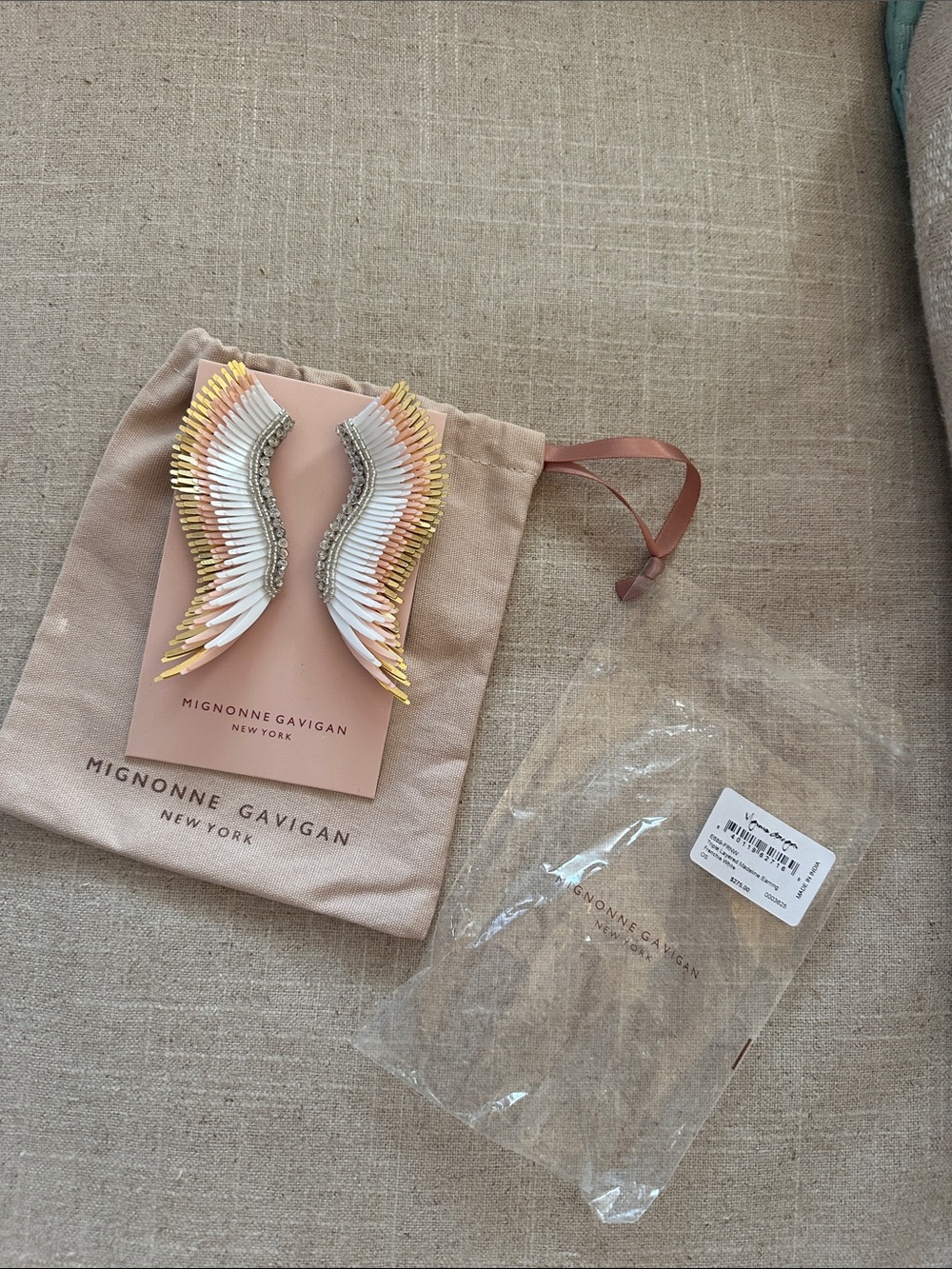 Mignonne Gavigan Pink, White and Gold Wing Earrings. Brand New! Never worn!!